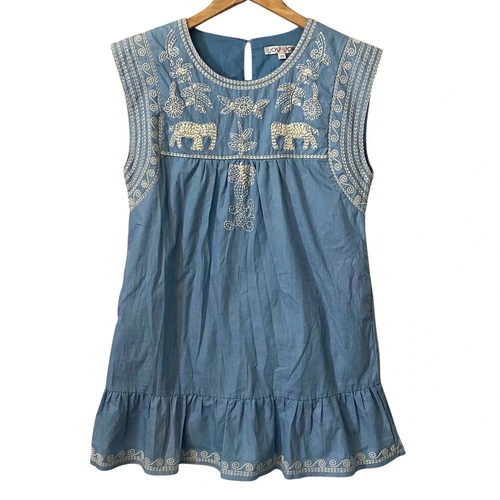 Joy Joy Blue Chambray Embroidered Elephant Boho Ruffle Hem Mini Dress XS - Picture 1 of 8